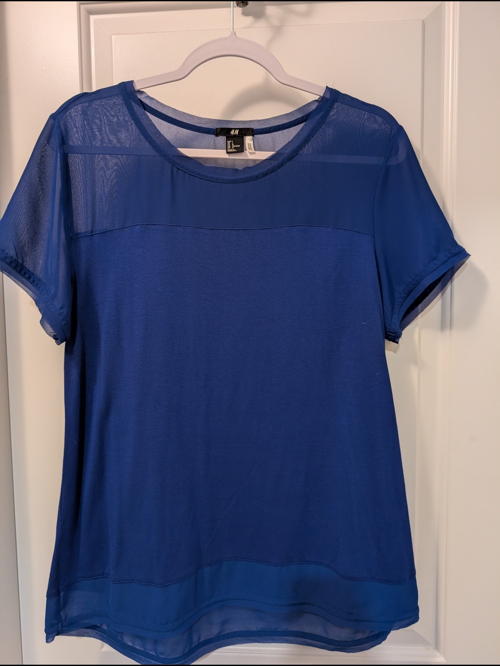 H&M Women's Short Sleeve Sheer Yoke Top - Royal Blue